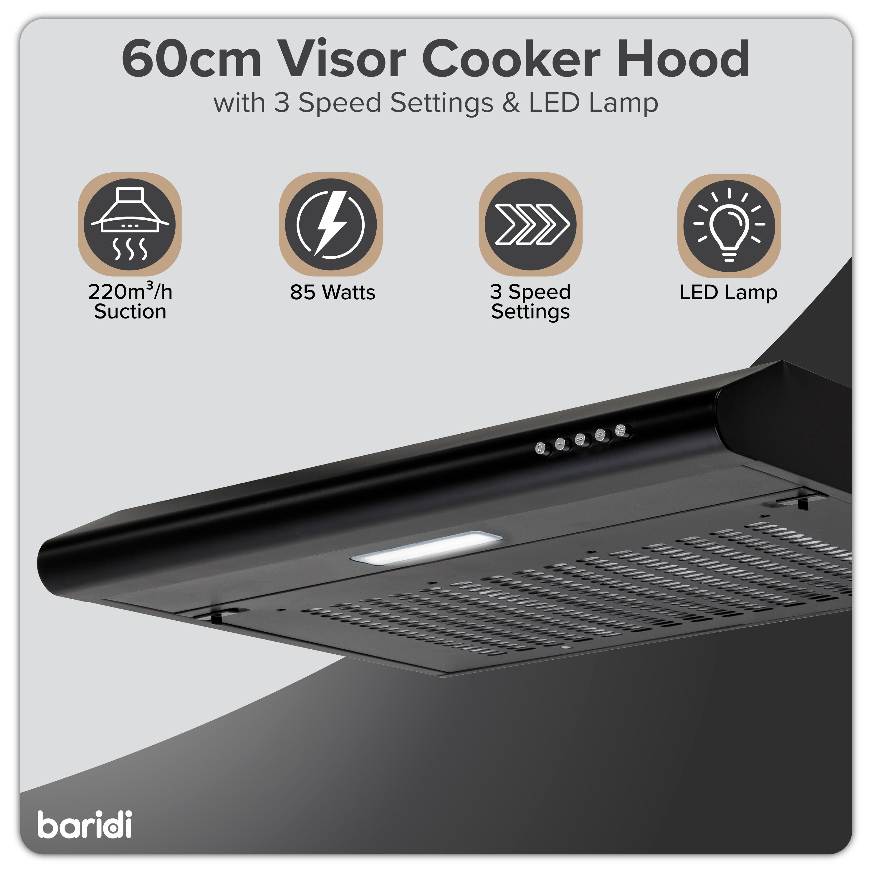 Baridi 60cm Under Cabinet Range Hood - Black Kitchen Extractor Fan with Powerful Ventilation - Perfect for Small Kitchens, Apartments & Cooking Spaces (Model DH107)