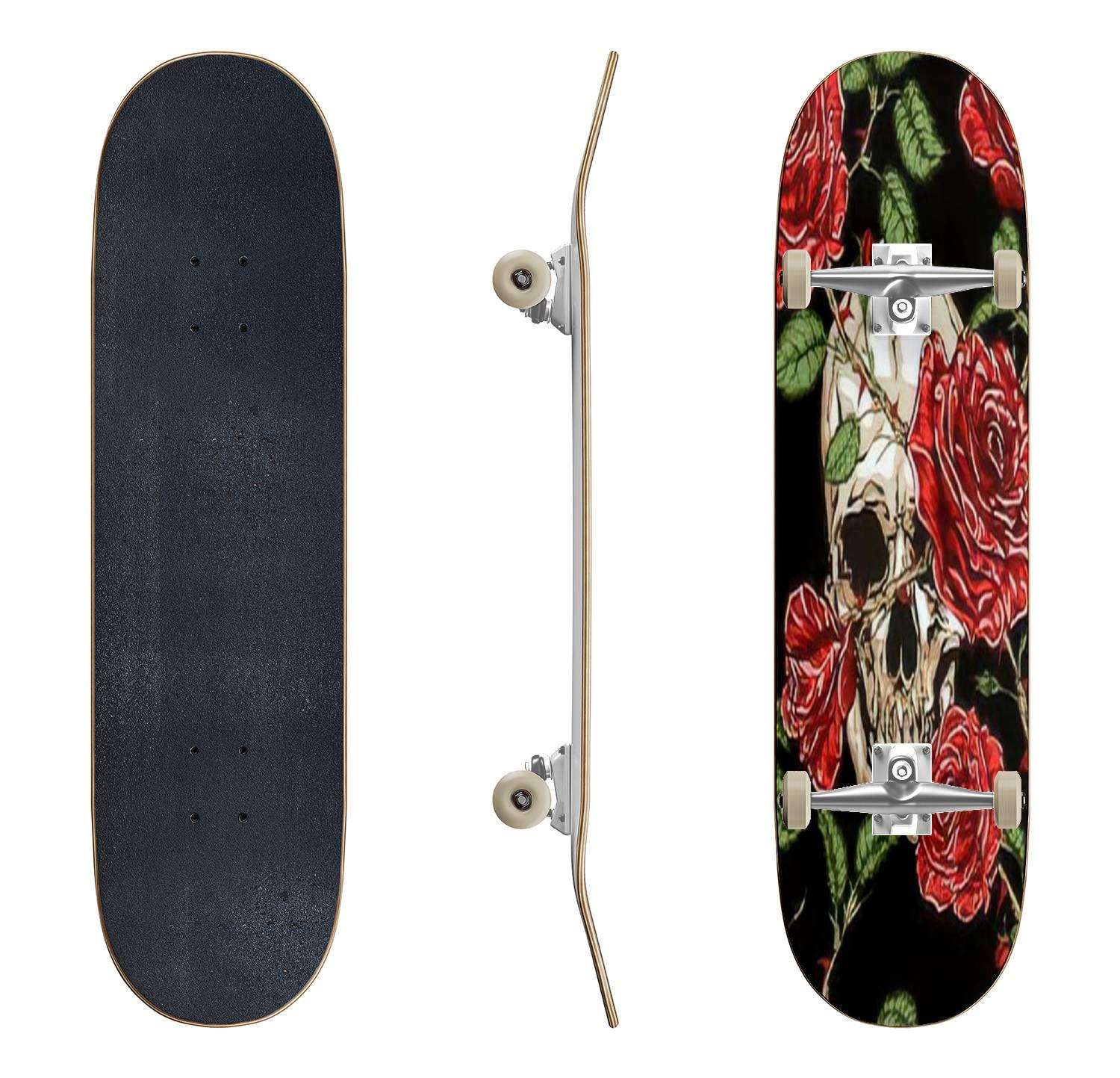 Skull and Red Roses Seamless Vector Skateboard - Classic Concave Longboard for Beginners & Pros | Extreme Sports Gear, Cool Teen Gifts for Skateboarding Enthusiasts | Perfect for Street Skating, Park Rides & Commuting