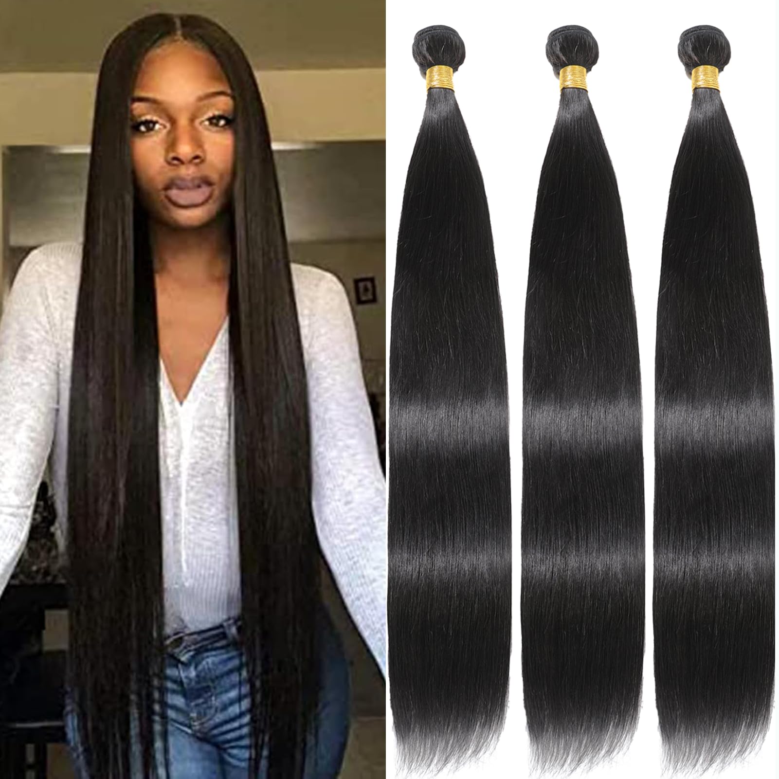 YAREESONG 100% Unprocessed Brazilian Virgin Human Hair Bundles - 3 Bundles 34 Inch Straight Weave Extensions (Natural Black) for Styling, Length & Volume - Perfect for Daily Wear, Parties & Special Occasions