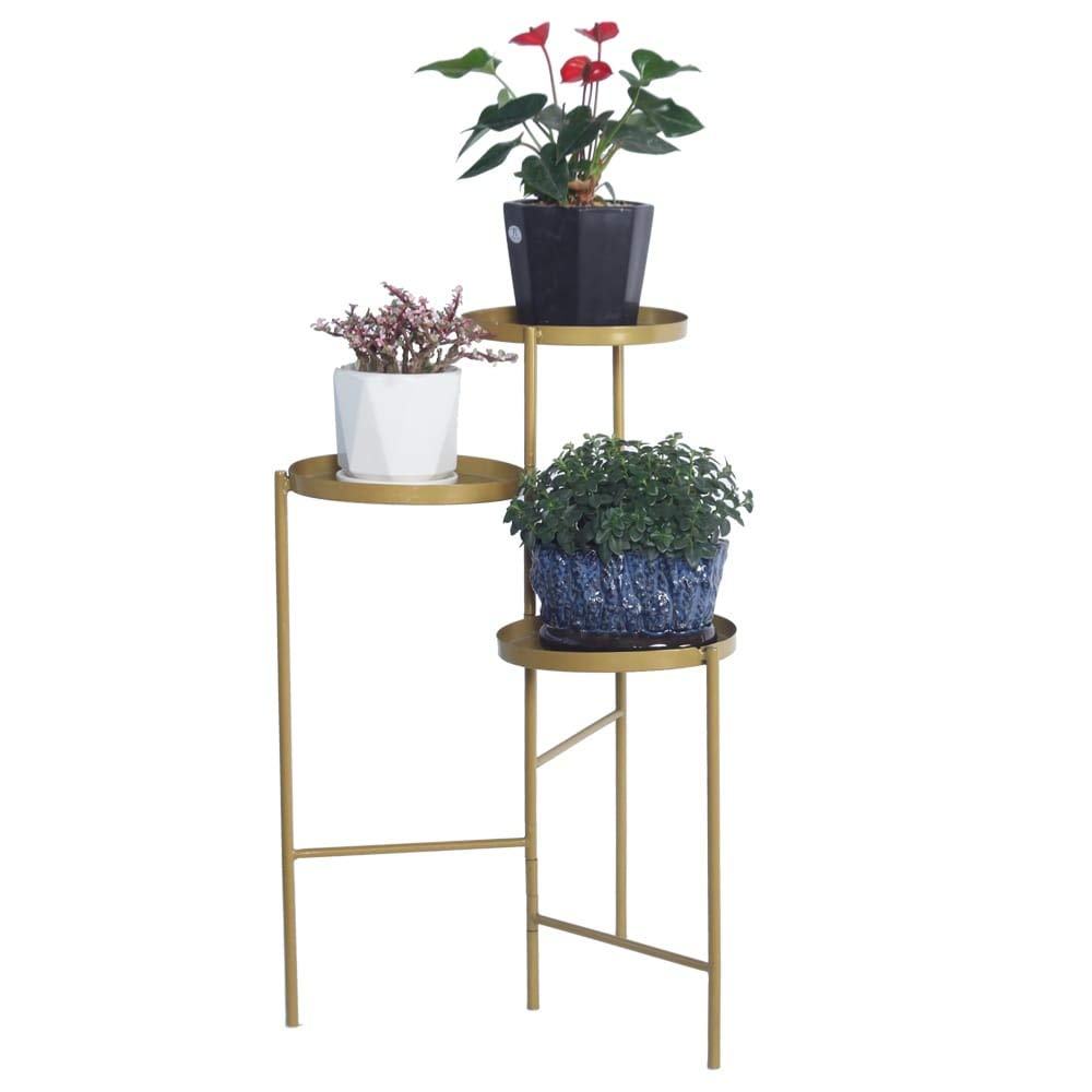Modern Gold Tri-Tier Metal Plant Stand for Patio - Contemporary Outdoor Garden Decor for Flowers, Succulents & Herbs