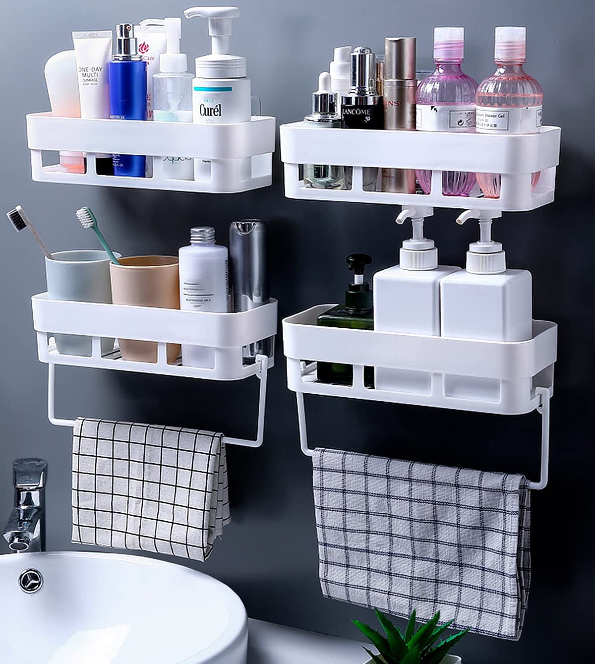 HOUSE OF VIPA Adhesive Wall Shelves Set - 4 Bathroom Shelves + 2 Towel Hangers - Multipurpose Self-Stick Storage Organizer for Kitchen, Bathroom, Shower - Strong Waterproof Shelving Solution for Home Organization (Perfect for Small Spaces, Apartments & Dorm Rooms)