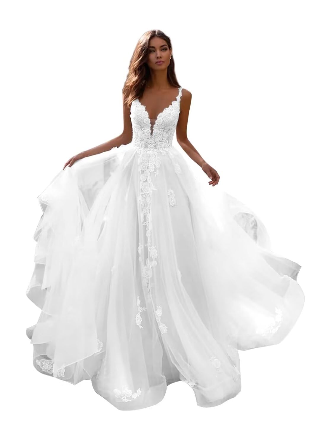 Elegant V-Neck Sleeveless Tulle Wedding Dress with Lace Applique & Long Train - A-Line Flowy Bridal Gown for Bride | Perfect for Church Ceremonies, Beach Weddings & Formal Receptions
