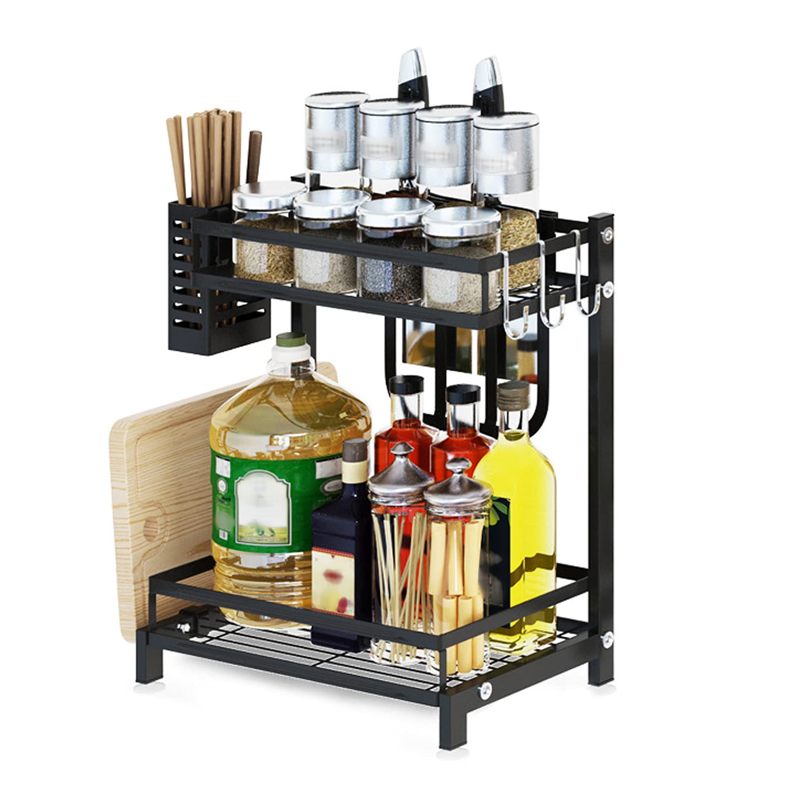 Ejoyous 2-Tier Stainless Steel Spice Rack Organizer - Black Kitchen Cabinet Shelf for Seasoning Storage | Space-Saving Countertop Organizer for Spices, Condiments & Cooking Supplies