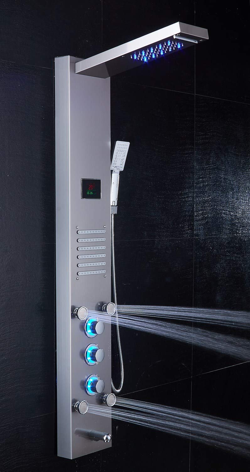 LED Shower Panel Tower System with Rainfall Shower Head & Massage Body Jets in Brushed Nickel - Perfect for Spa-Like Bathroom Experience & Modern Home Upgrade
