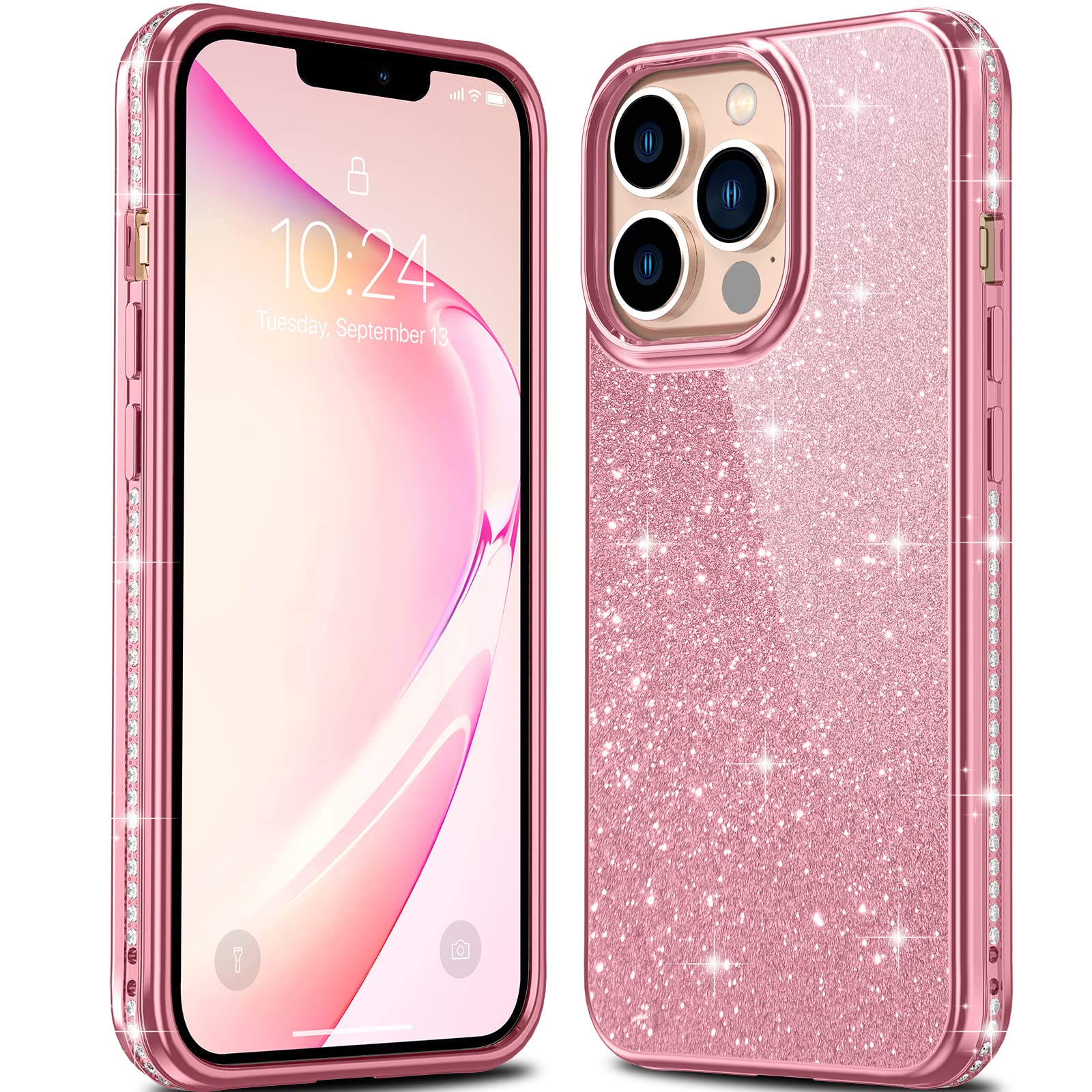 Sparkly Glitter Luxury Diamond iPhone 13 Pro Max Case - Shockproof, Anti-Scratch Slim Fit Protective Phone Cover for Women & Girls (Pink) | Perfect for Parties, Daily Use & Gift Giving