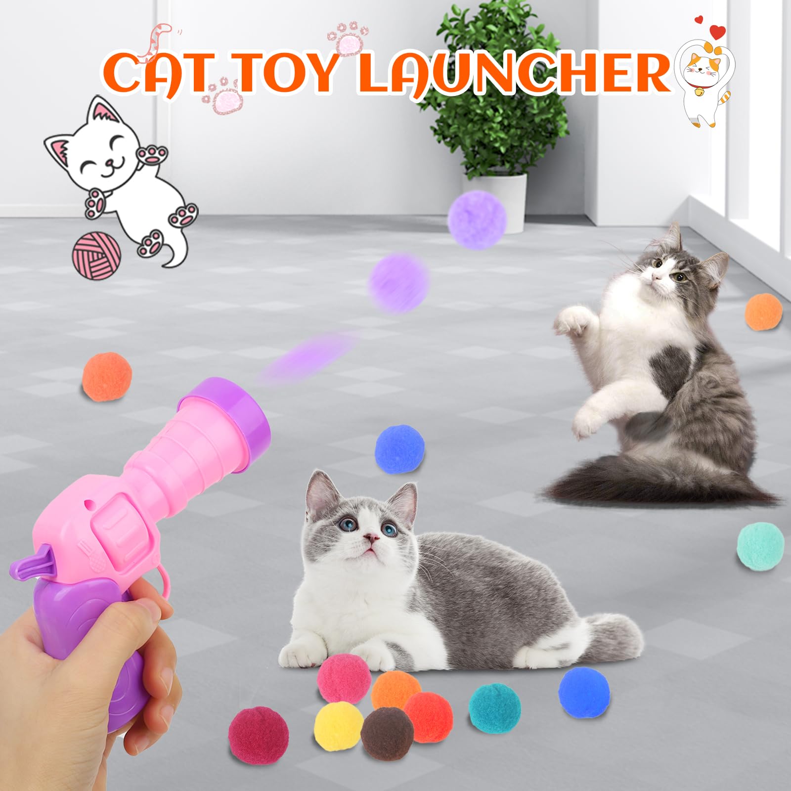 Silent Plush Elastic Cat Ball Launcher Toy with 80 Pom Pom Balls - Interactive Kitty Toy for Indoor Exercise & Play - Perfect for Active Cats & Playful Kittens - Great for Bonding & Stimulating Your Feline Friend (Pink)
