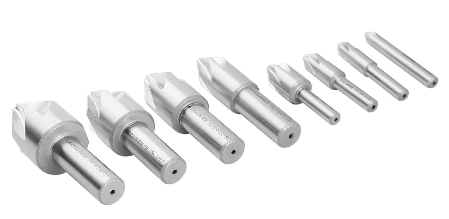 Accusize Industrial Tools 60 Degree 6 Flute HSS Machine Countersink Set - 8 Pcs Precision Ground for Metalworking, Woodworking & DIY Projects - Model 0206-0010