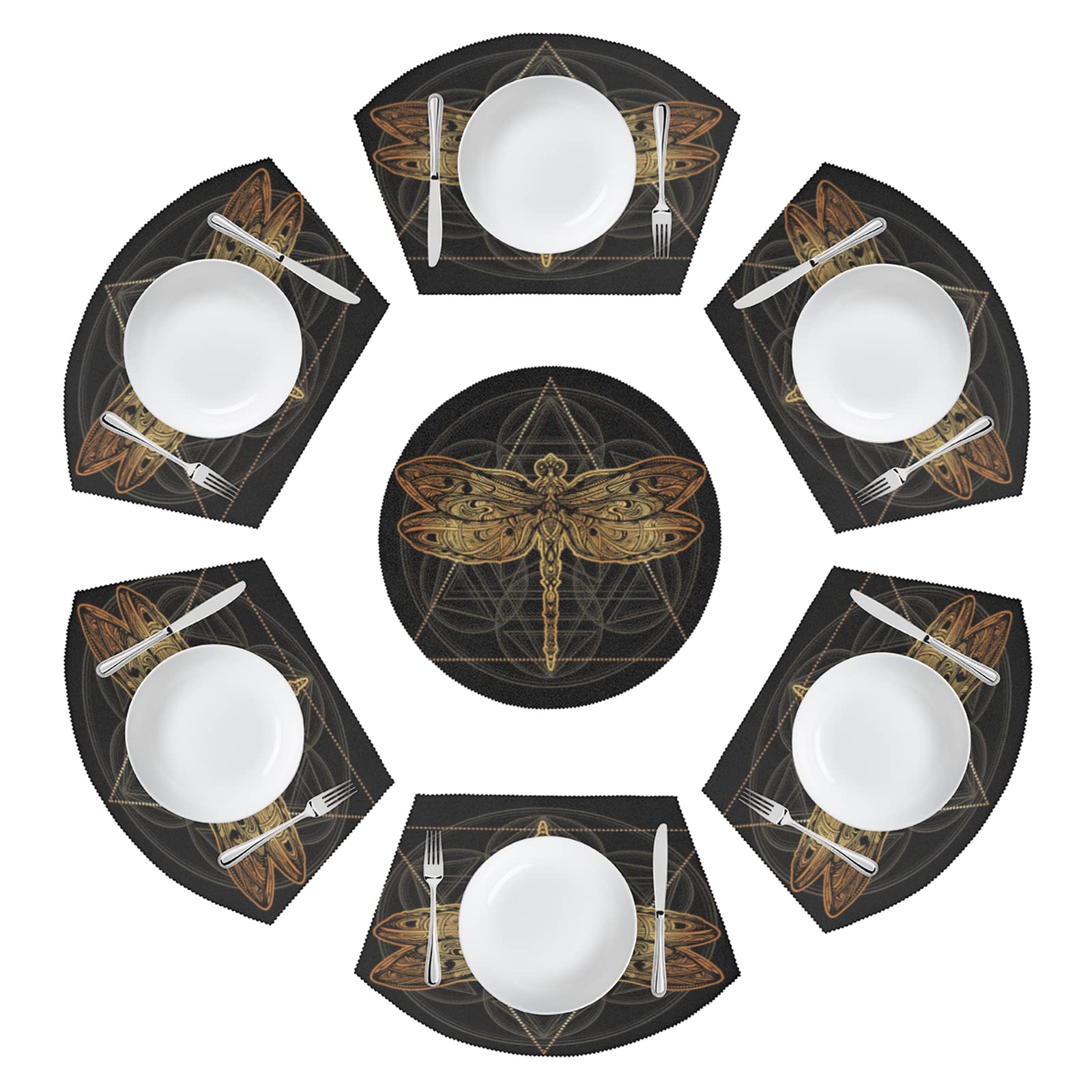 Golden Dragonfly Round Table Placemats Set of 7 - Heat Resistant Non-Slip Dining Table Mats for Indoor/Outdoor Use - Perfect for Dinner Parties, BBQs, and Holiday Gatherings