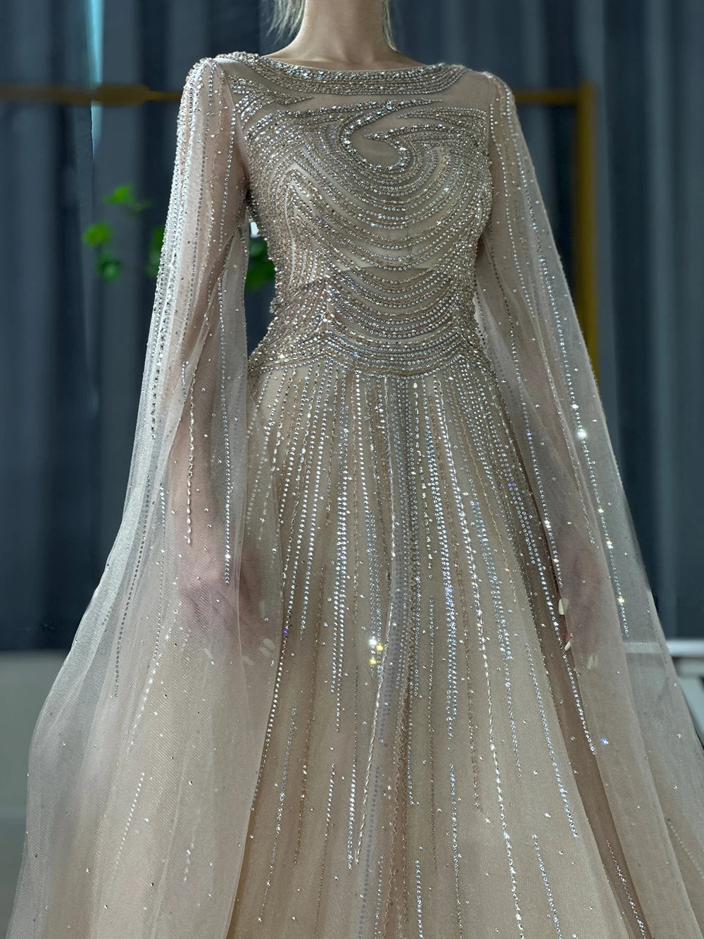 Luxury Dubai Arabic Caramel Saudi Evening Dresses with Cape Sleeves A-Line Beaded Gown for Wedding Party & Special Occasions - LA72799 | Elegant Formal Wear for Bridal, Prom & Gala Events