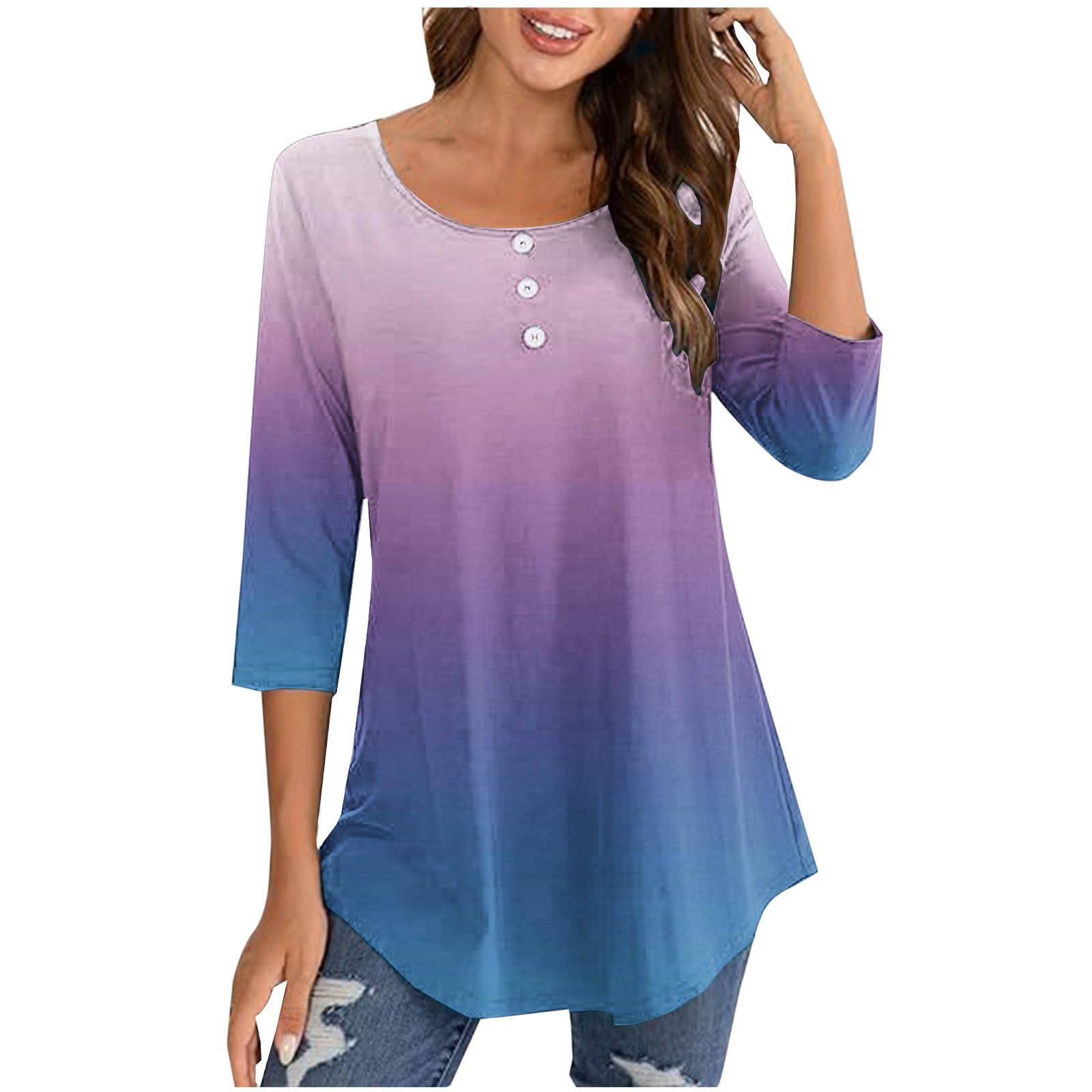 Women's 3/4 Sleeve Button Down T-Shirt - Crew Neck Basic Tee, Solid Color Loose Fit Blouse, Casual Pullover Top for Summer 2024 | Perfect for Work, Weekend Outfits & Vacation Wear