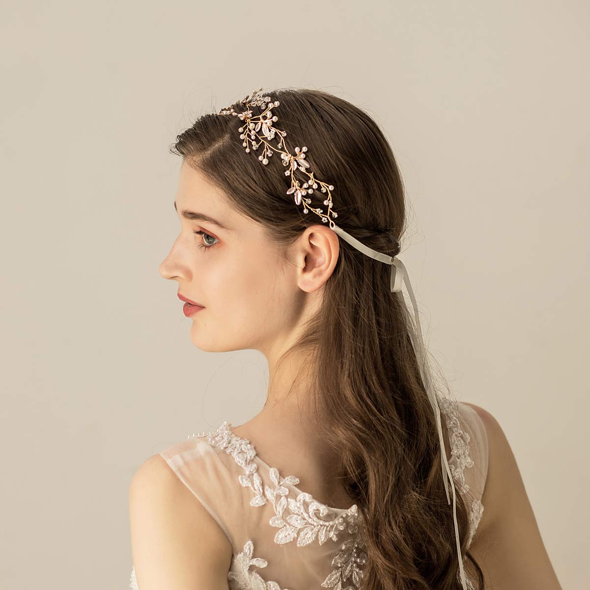 Oriamour Gold Floral Pearl Wedding Headband - Elegant Bridal Hair Vine for Women & Girls - Perfect for Weddings, Parties & Special Occasions