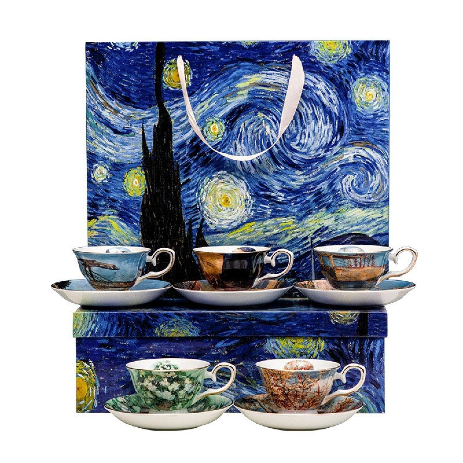 Van Gogh Bone China Coffee Cup Set - 5-Piece High-End English Tea Cups and Saucers with Golden Cherry Blossom Spoon & Starry Sky Gift Box - Perfect for Afternoon Tea, Home Decor, and Elegant Gifts (Includes Tote Bag)