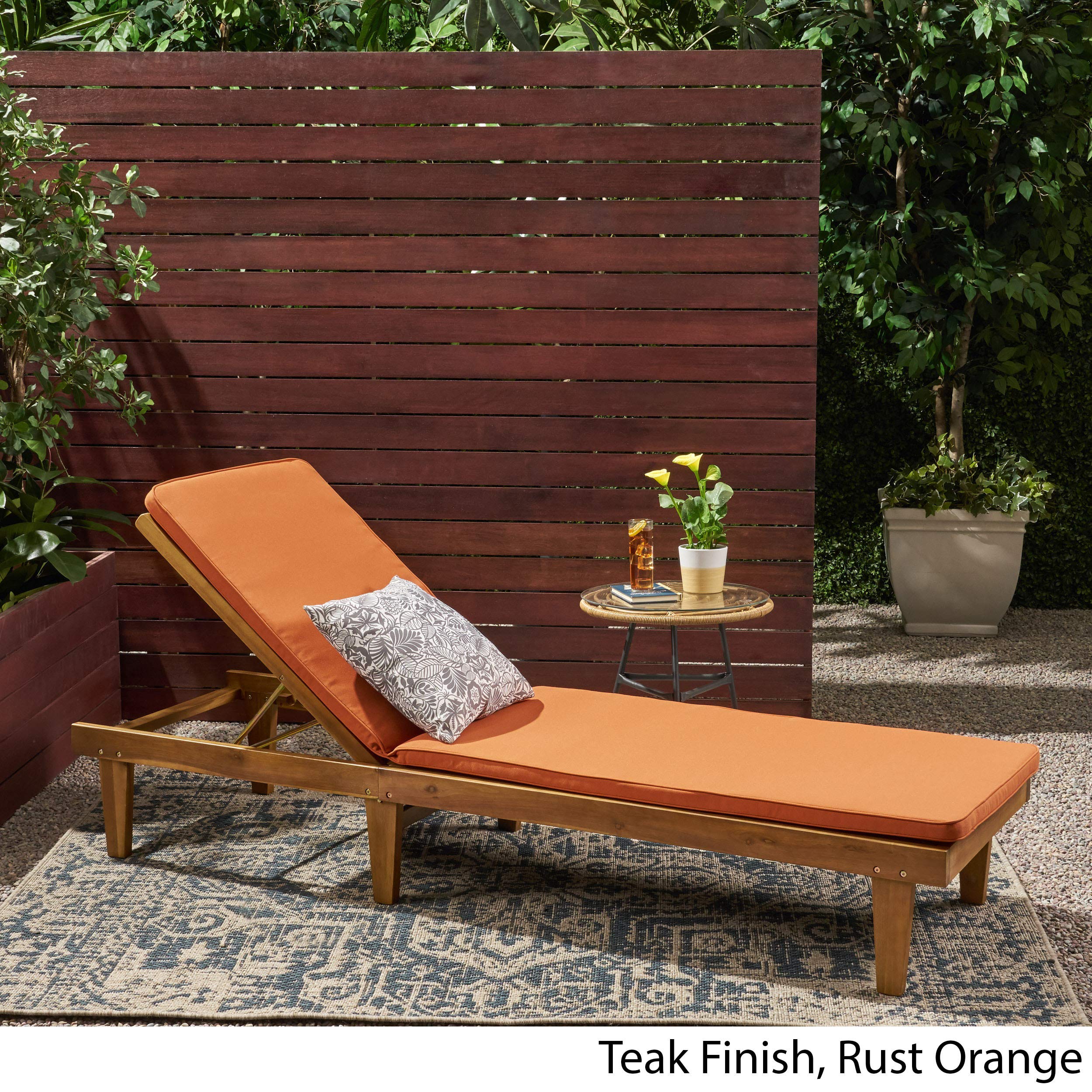 Premium Acacia Wood Outdoor Chaise Lounge with Rust Orange Cushion Set - Durable Patio Furniture for Poolside Relaxation & Garden Lounging