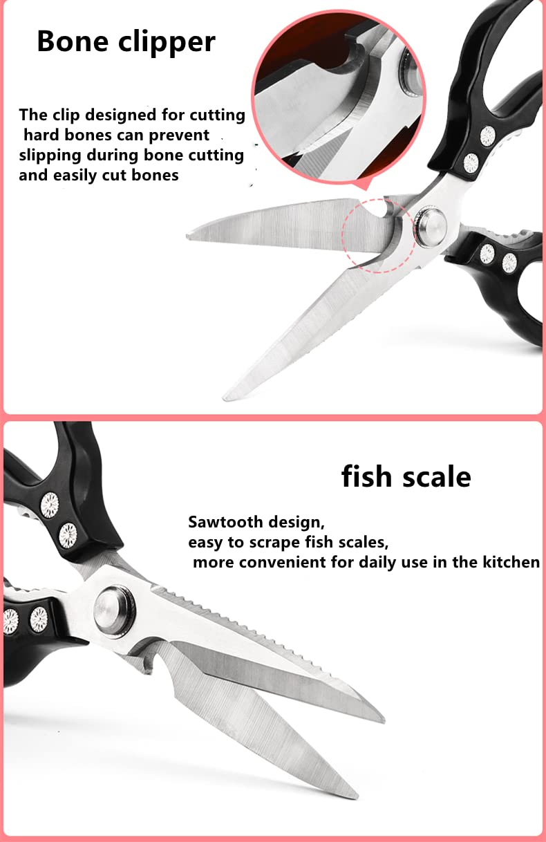 **Heavy Duty Kitchen Scissors - Sharp Stainless Steel Cooking Shears for Meat, Chicken, Fish, Poultry, Herbs & Bread - Dishwasher Safe Kitchen Accessories (Black) - Perfect for Meal Prep, Butchering & Food Trimming**