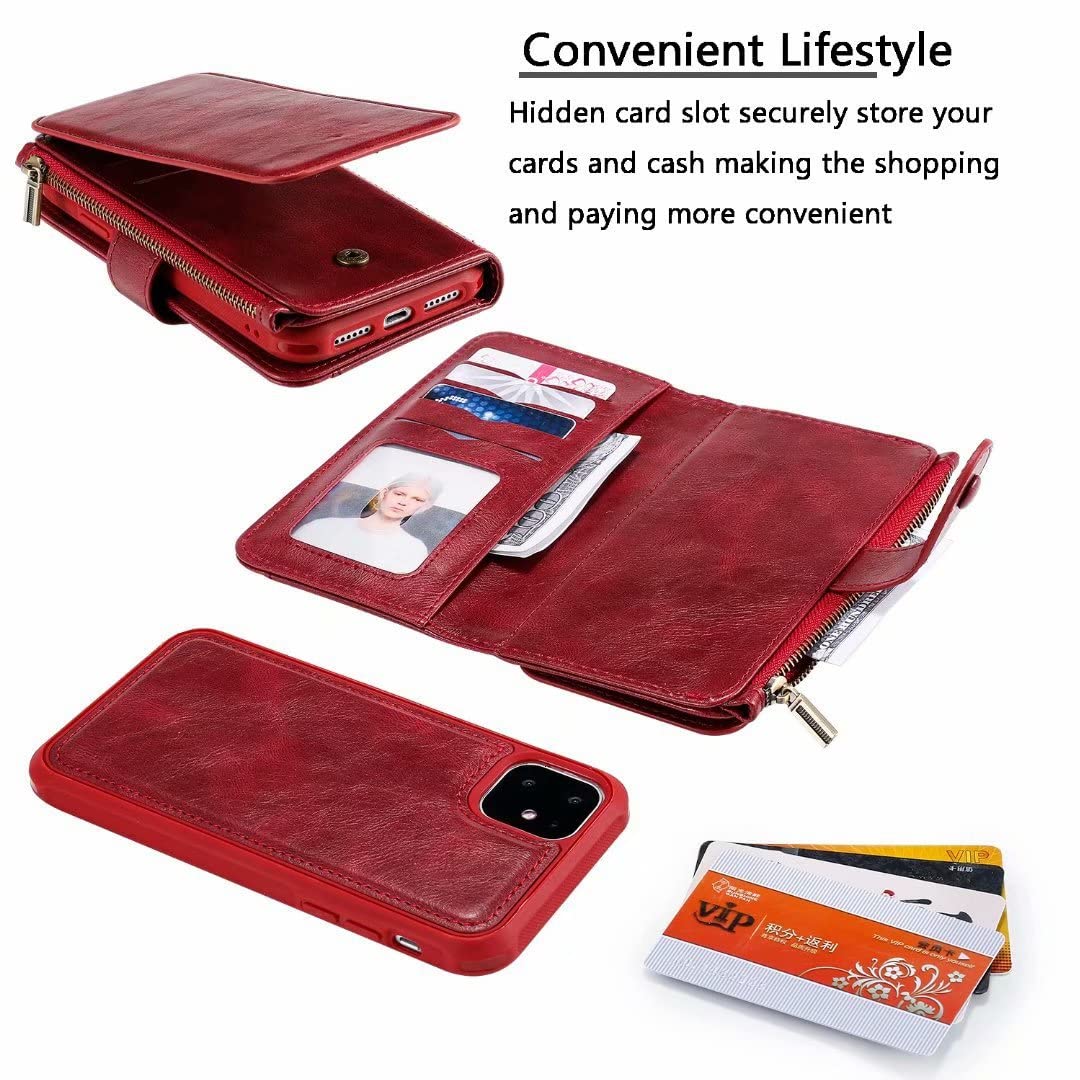 Premium 2-in-1 Magnetic Detachable Wallet Case for Apple iPhone 11 - Luxury Flip Leather Cover with Zipper Card Holder & Strong Magnets (Wine Red) | Perfect for Business, Travel & Everyday Use