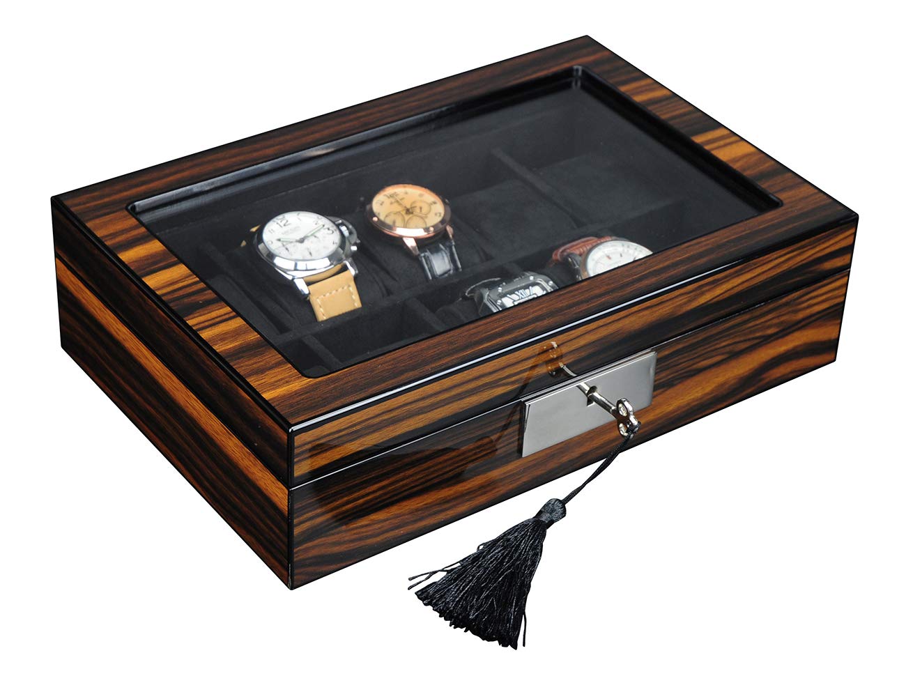 Arolly 10-Slot Wooden Watch Display Case with Glass Top - Jewelry Organizer Box for Men & Women - Perfect for Watch Collections, Jewelry Storage & Display in Bedroom or Retail Store