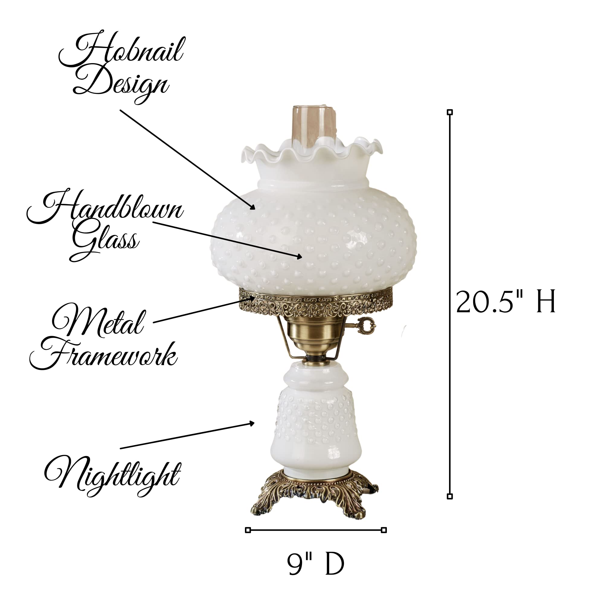 Touch of Class Mindy Hobnail Glass Table Lamp - Handcrafted White Shade & Blown Glass Globe - Victorian Hurricane Chimney Style - Perfect for Desk, Bedroom & Living Room Decor - Elegant Home Lighting Solution