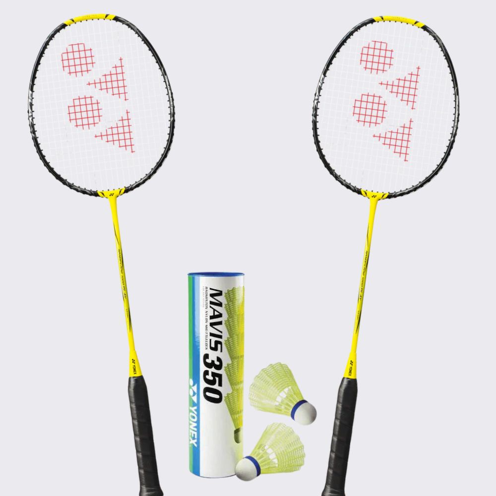 Yonex Badminton Combo Set - 2 Nanoflare 1000 Play Rackets + 1 Tube of Mavis 350 Shuttlecocks | Professional Badminton Equipment for Indoor & Outdoor Games | Perfect for Training, Competition & Family Fun