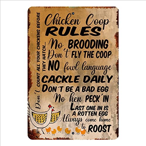 Funny Vintage Chicken Coop Rules Metal Wall Art Sign - 7.75 x 11.75 Inch Retro Farmhouse Decor for Kitchen, Pantry, Cafe & Coffee Shop - Perfect Country Style Home Accessory & Gift Idea - Great for Farmhouse Themed Rooms & Rustic Interior Design