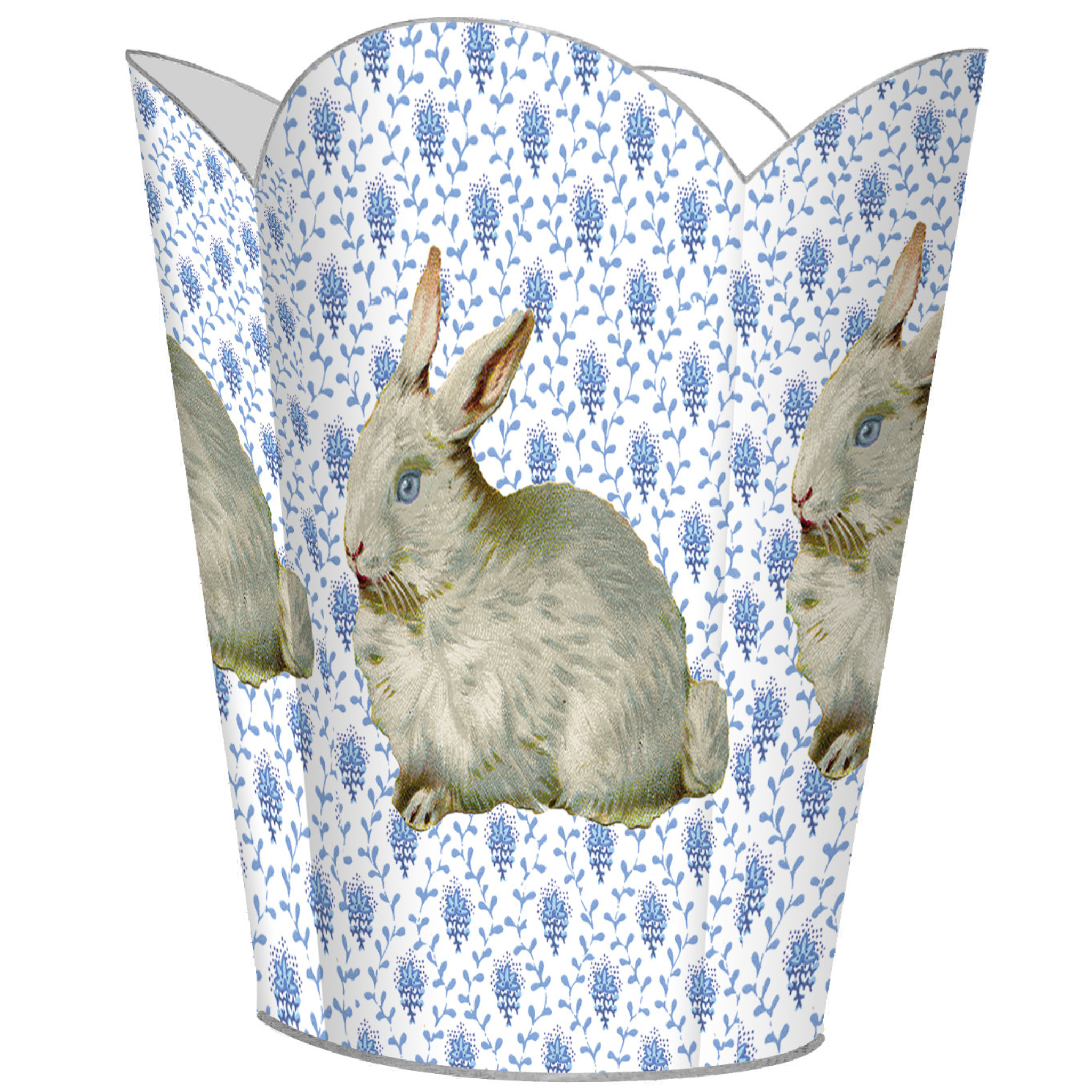 Blue Provincial Print Bunny Decoupage Wastebasket with Optional Tissue Box Cover - Elegant Bathroom & Bedroom Trash Can for Home Decor