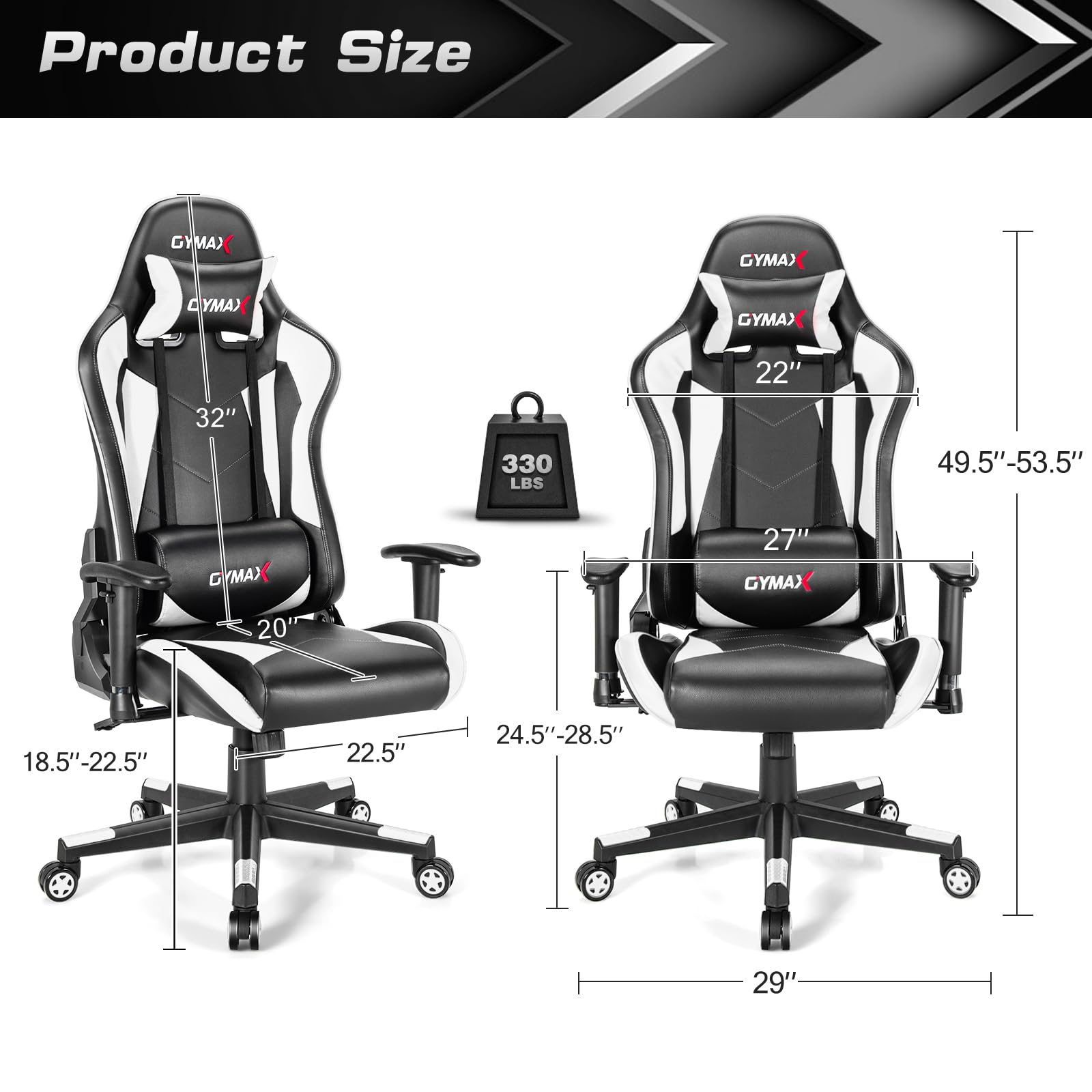 GYMAX Ergonomic Gaming Chair - Adjustable Racing Style Office Chair with Lumbar Support & Headrest, 360° Swivel, Height Adjustable for Home, Office & Gaming Setup - Perfect for Esports, Work & Leisure (White)