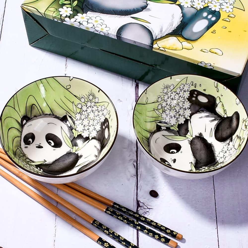 Stylish Panda Ceramic Rice Bowls & Chopsticks Set - 2-Piece Asian Dinnerware for Soup, Dessert, Rice | Perfect Gift for Home Dining & Party Use