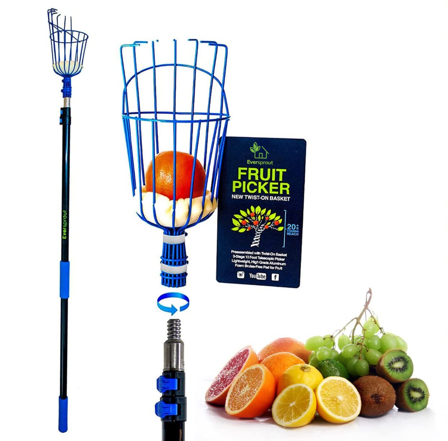 EVERSPROUT 12-Foot Telescopic Fruit Picker Pole with Twist-On Basket - Extends to 20+ Feet - Lightweight Aluminum Harvesting Tool for Apples, Pears, Citrus - Perfect for Home Orchards, Backyard Harvesting & Tall Tree Fruit Picking