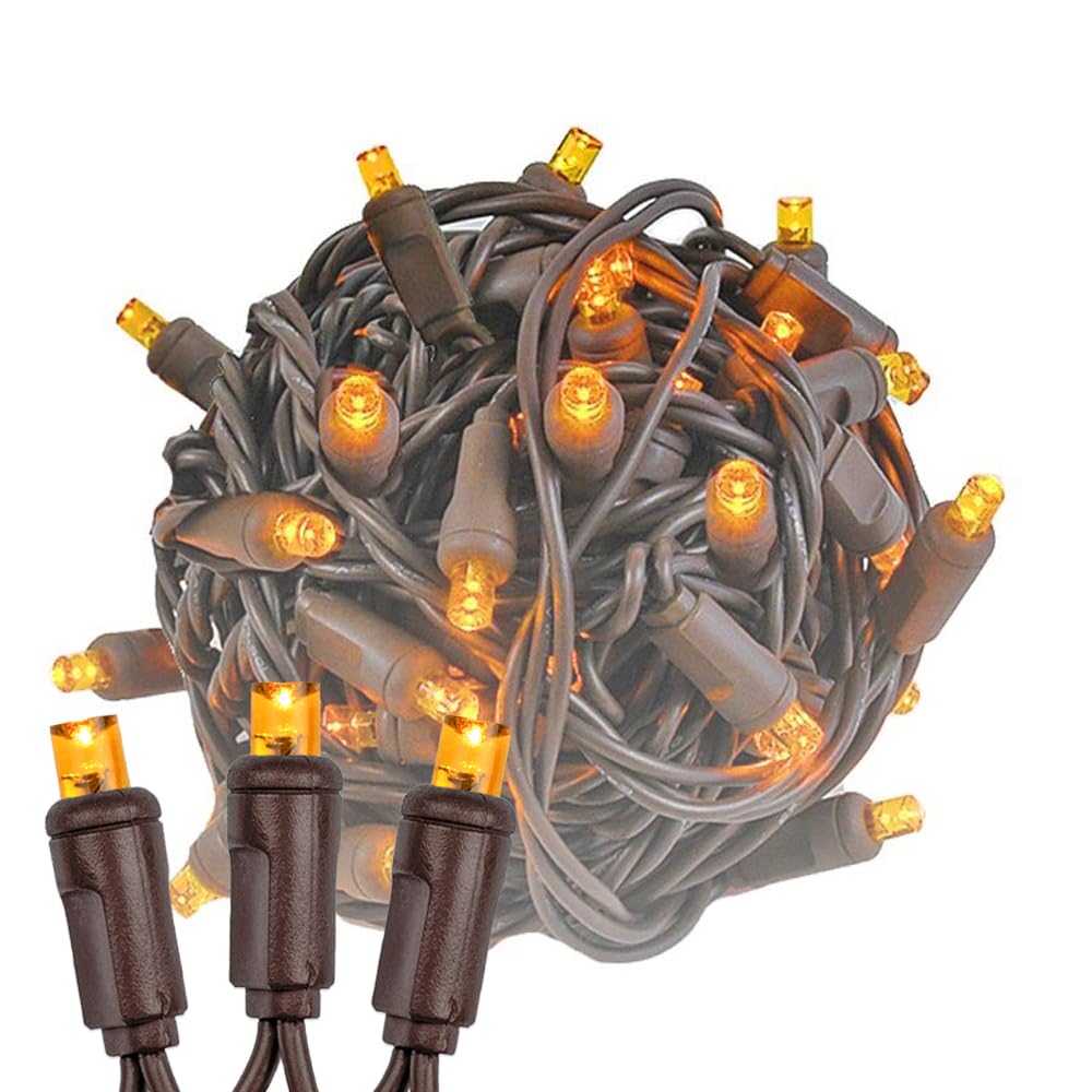 50 LED Mini Christmas Lights - Outdoor String Lights with Amber Bulbs & Brown Wire (25 Feet) - Perfect for Holiday Decor, Patio Parties, and Backyard Lighting