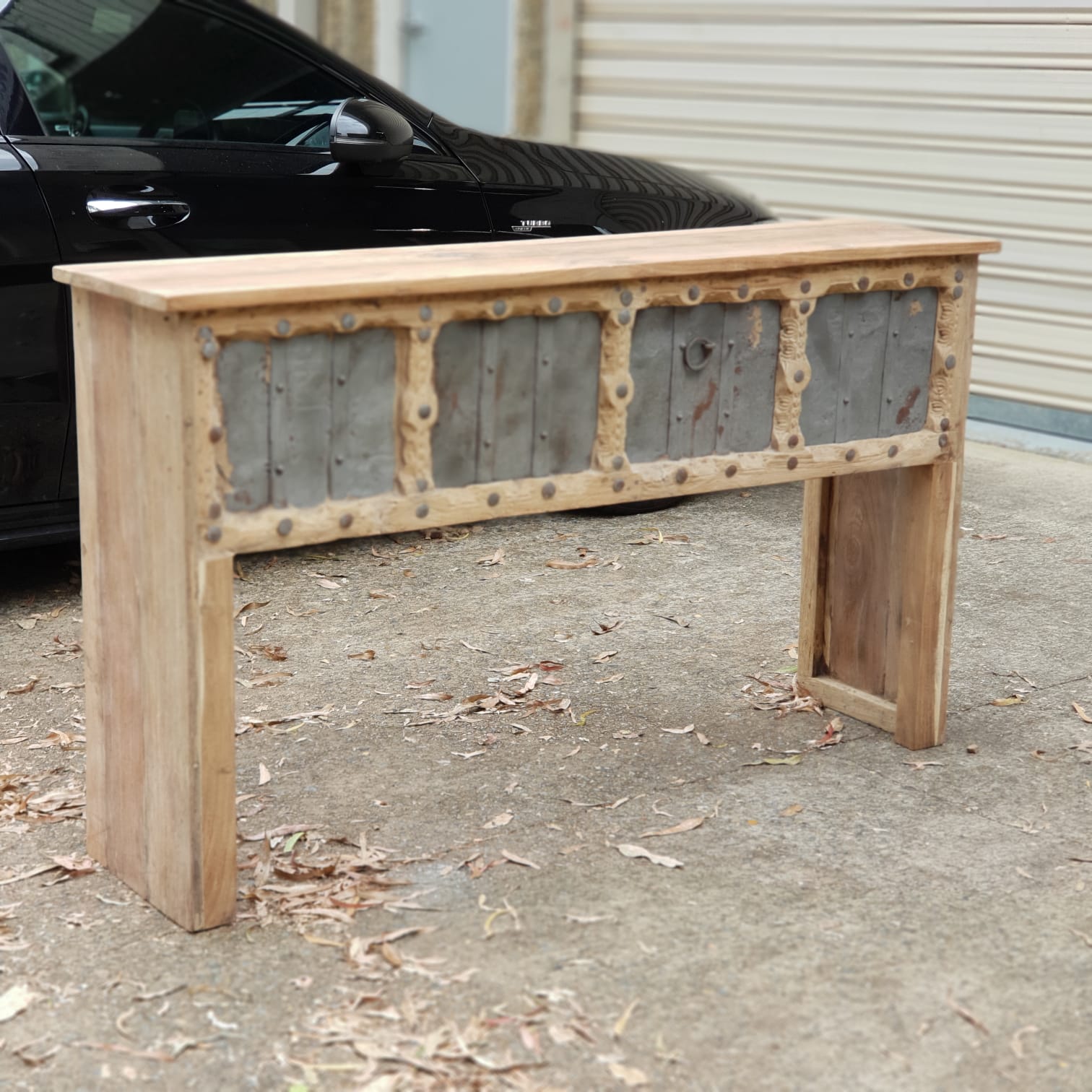 Handmade Reclaimed Wood Console Table - Rustic Carved Design with Iron Fittings | Entryway, Living Room & Hallway Decor