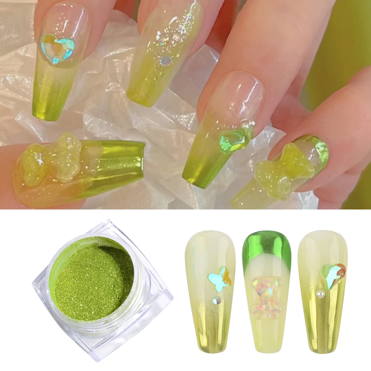 DSHIJIE Apple Green Mirror Chrome Nail Powder - Holographic Pigment for Nail Art, Manicure & Decoration - Perfect for Salon, DIY Nails & Special Occasions