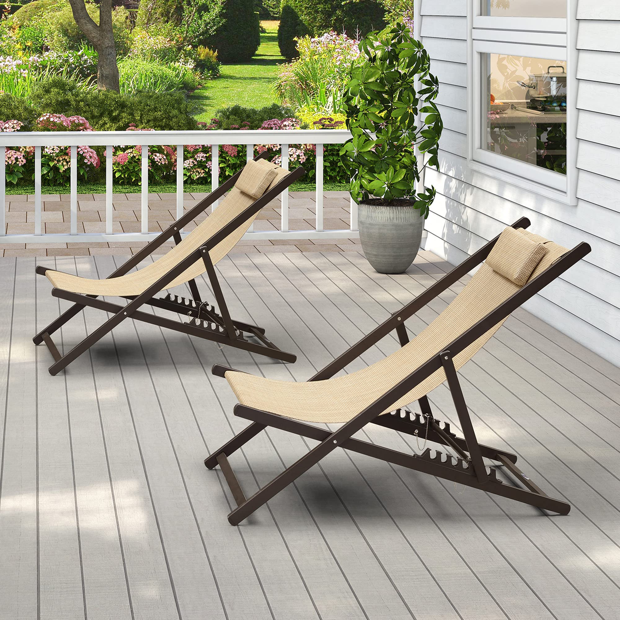 PURPLE LEAF Outdoor Sling Chair Set of 2 - Lightweight Aluminum Folding Beach Chairs with Cushioned Headrest, Patio & Camping Furniture (Linen) - Perfect for Backyard, Poolside & Beach Relaxation