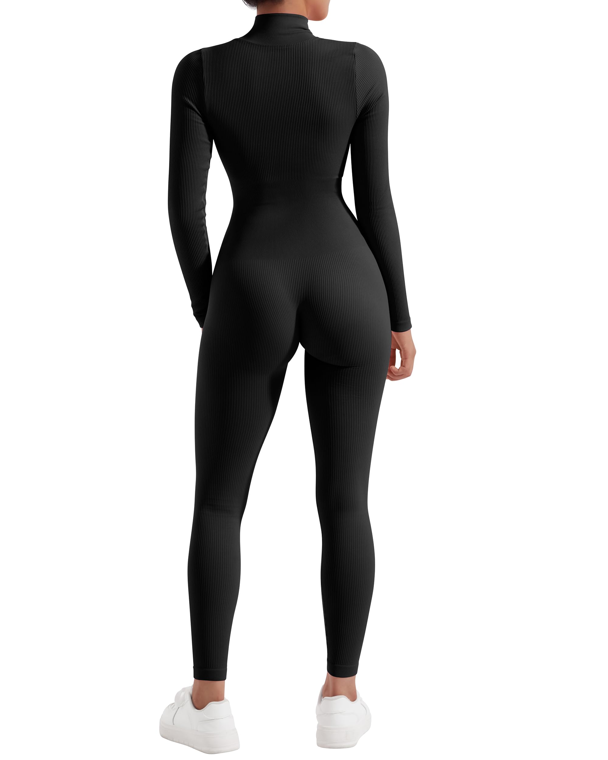 OMKAGI Women's Long Sleeve Zip Front Jumpsuit - Ribbed High Neck Workout Romper for Yoga, Gym & Casual Wear | Stretchy Comfort Outfit for Women