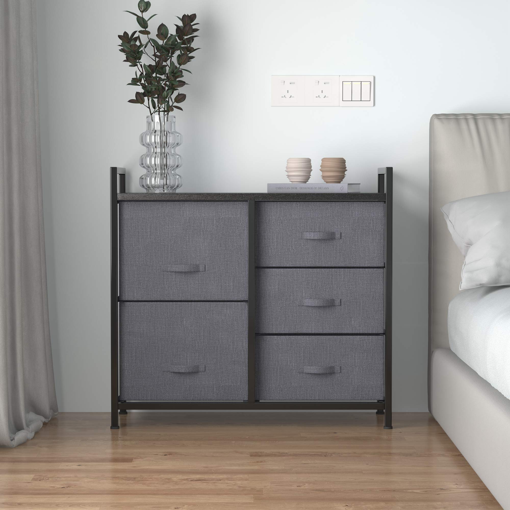 JAXSUNNY 5-Drawer Dresser Storage Tower with Wood Top & Sturdy Steel Frame - Foldable Bins Organizer for Bedroom, Hallway, Entryway, Closet - Black | Perfect for Small Space Organization & Home Decor