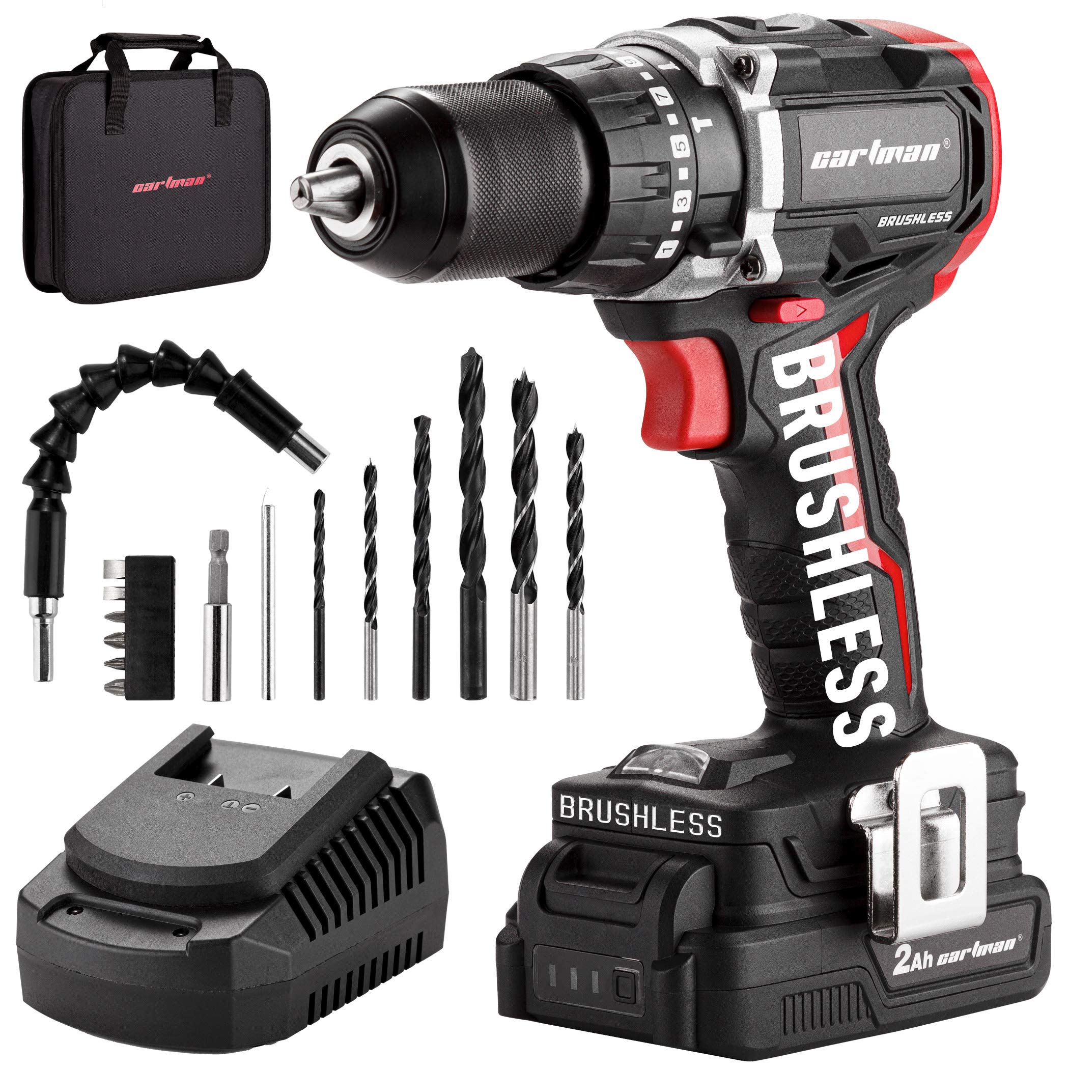 CARTMAN 20V Brushless Cordless Drill Driver with 1/2 Inch Keyless Chuck - 440 In-lbs Torque, 21+1 Torque Settings, 2-Speed Control & LED Light - Includes Fast 2.4A Charger - Perfect for DIY Projects, Home Repairs & Professional Construction Work