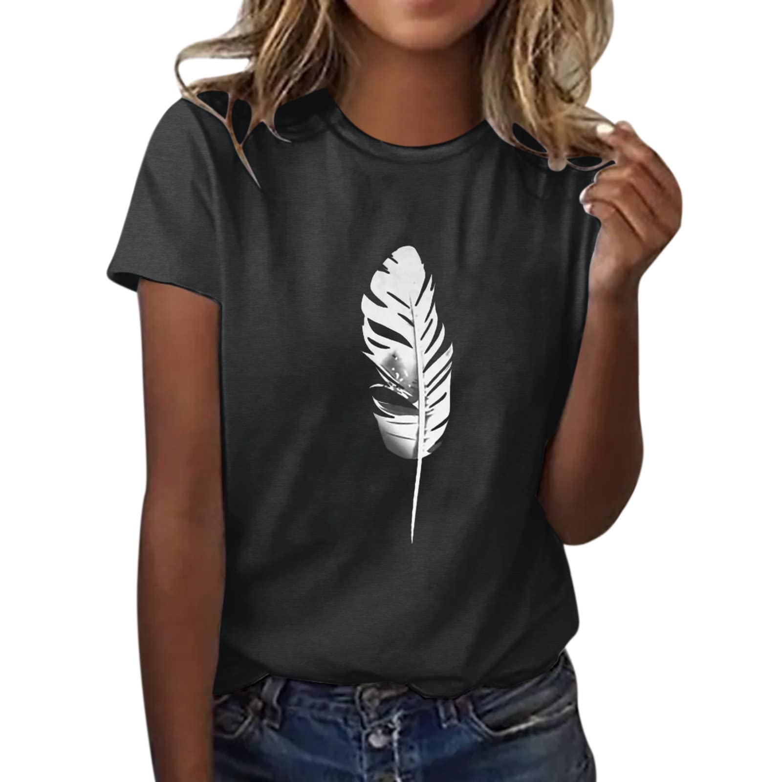 Women's Long Sleeve White Feather Print T-Shirt - Summer Casual Loose Fit Top - Perfect for Beach Outings, Date Nights & Everyday Wear