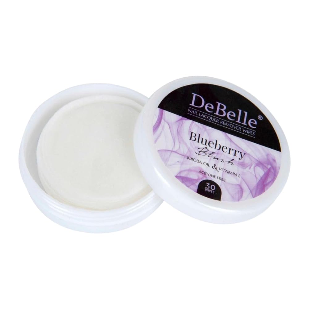 DeBelle Acetone-Free Nail Polish Remover Wipes with Jojoba Oil, Olive Oil & Vitamin E - Blueberry Blush (30 Pads) | Gentle Nail Care for Home, Travel & Salon Use