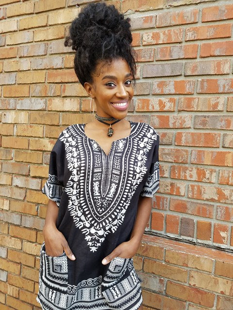 Stylish Black and White African Print Dashiki Shirt for Men | Traditional Ethnic Tunic Top DP3578W | Perfect for Cultural Events, Weddings & Summer Fashion