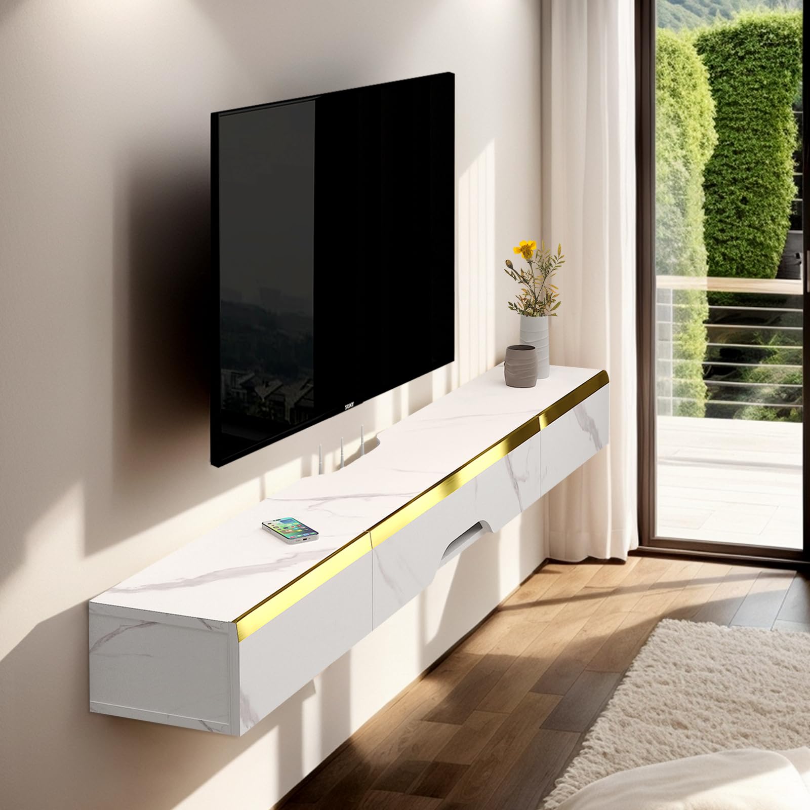 59'' Floating TV Stand with 2 Drawers & 1 Door - Wall Mounted Entertainment Center for Living Room & Bedroom - White - Space Saving Media Console for Modern Home Décor