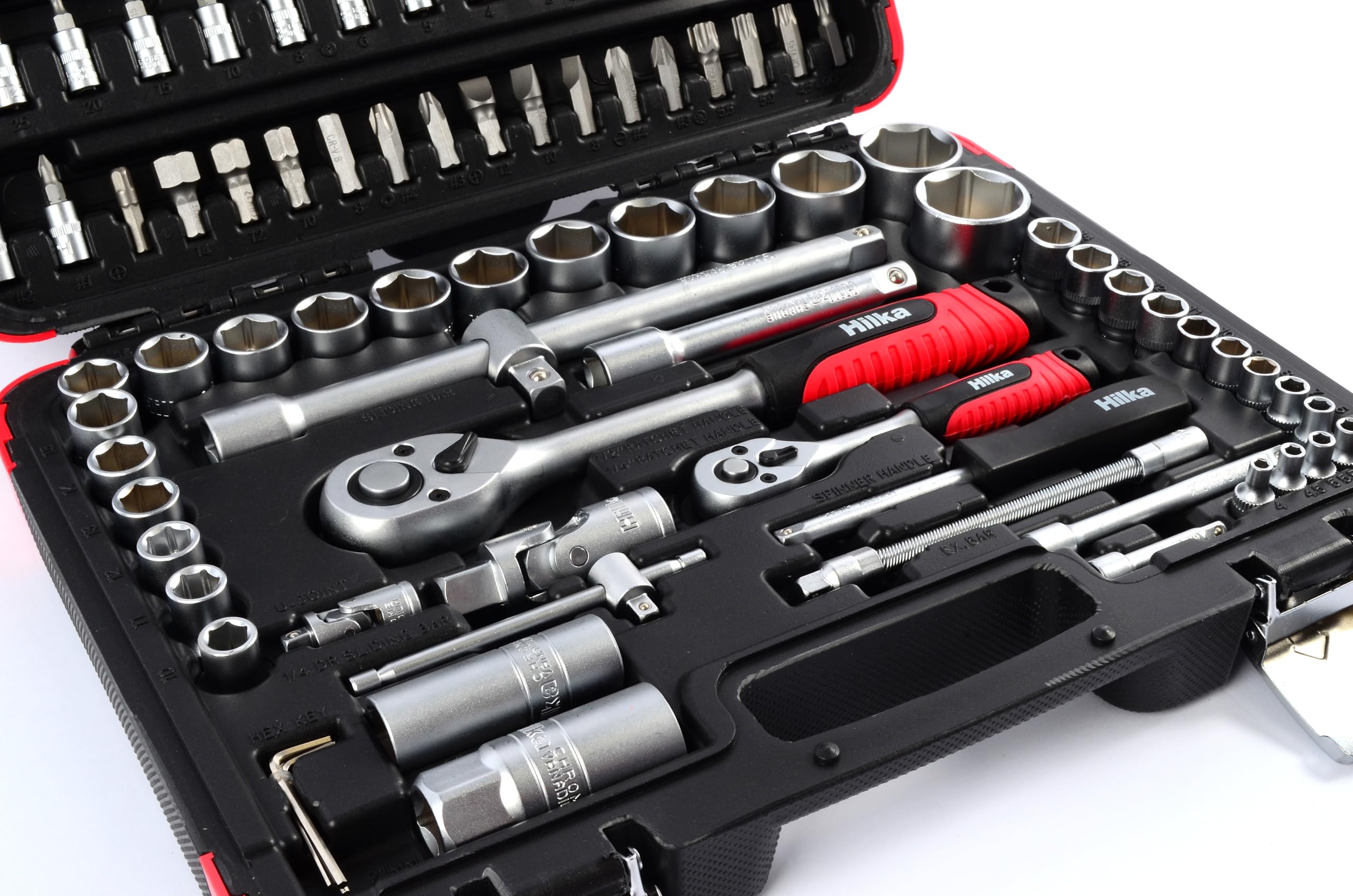 Premium 1/4-Inch & 1/2-Inch Black/Silver Drive Socket Set - 01110094 Professional Tool Kit for Automotive Repair & DIY Projects
