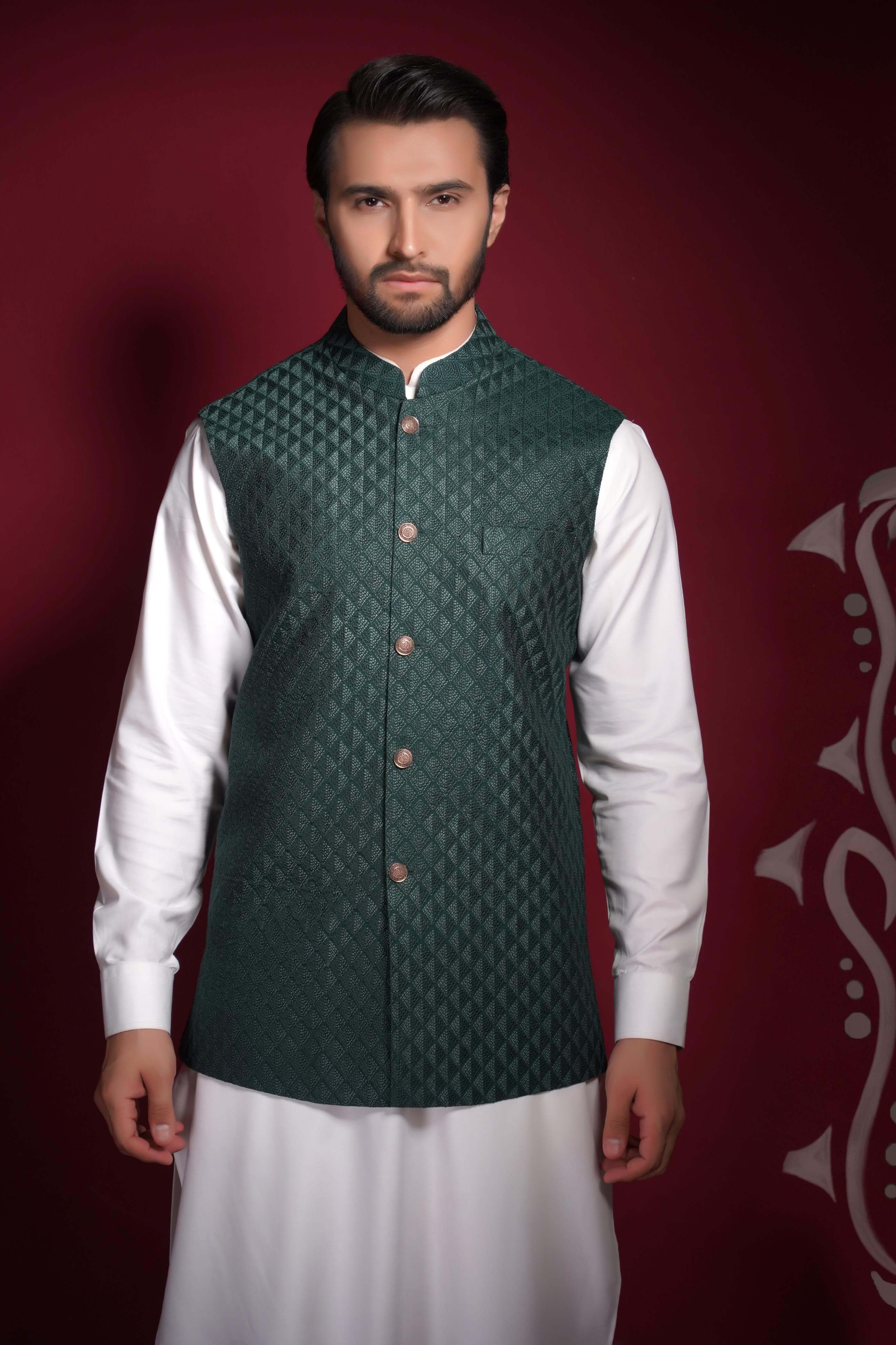 Emerald Green Diamond Texture Waistcoat Kurta Set for Men - Elegant Indian Ethnic Wear for Weddings, Festivals & Special Occasions