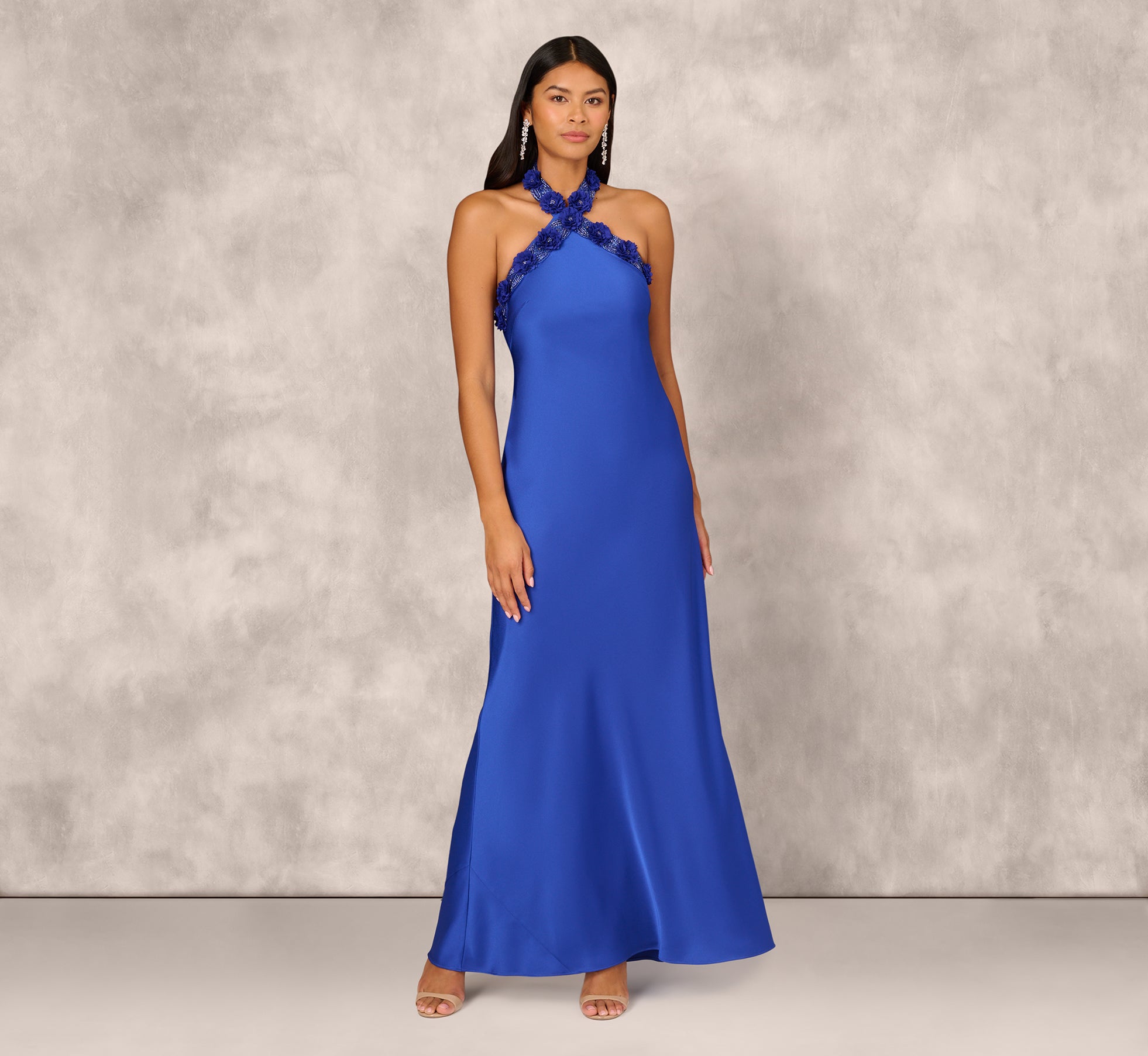 Elegant Deep Sapphire Satin Floral Beaded Halter Mermaid Gown for Prom, Evening Party, Wedding Guest Dress & Special Occasions