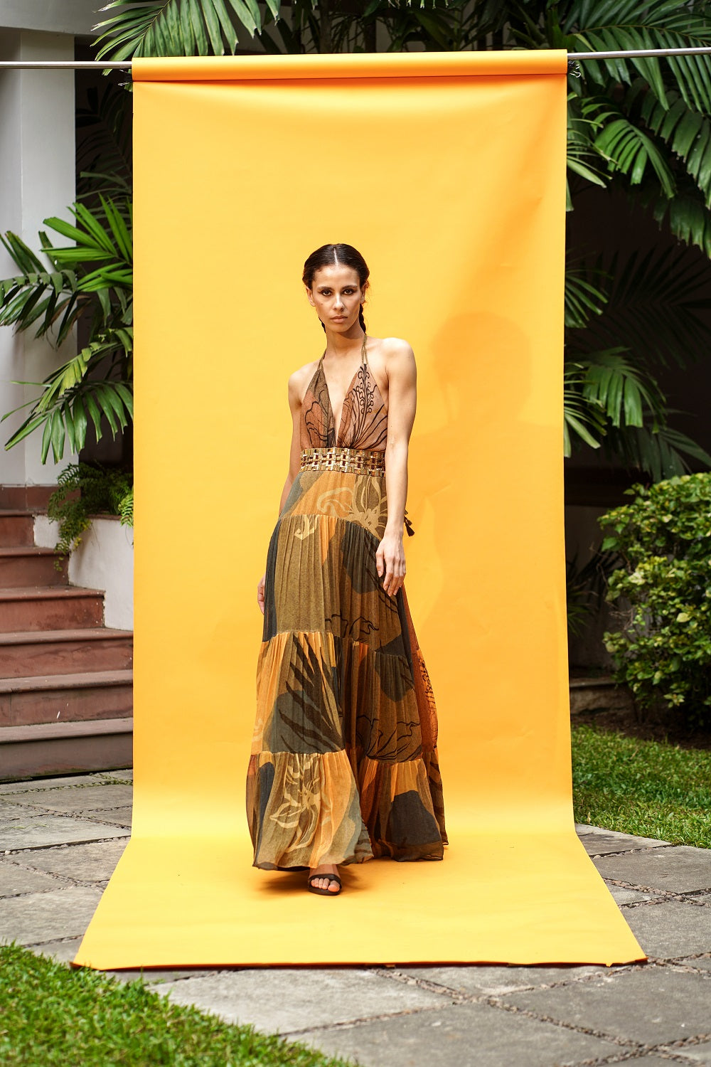 Tropical Mustard Print Maxi Dress with African Baroque Hand Embroidery - Perfect for Beach Vacations, Summer Weddings & Boho Fashion