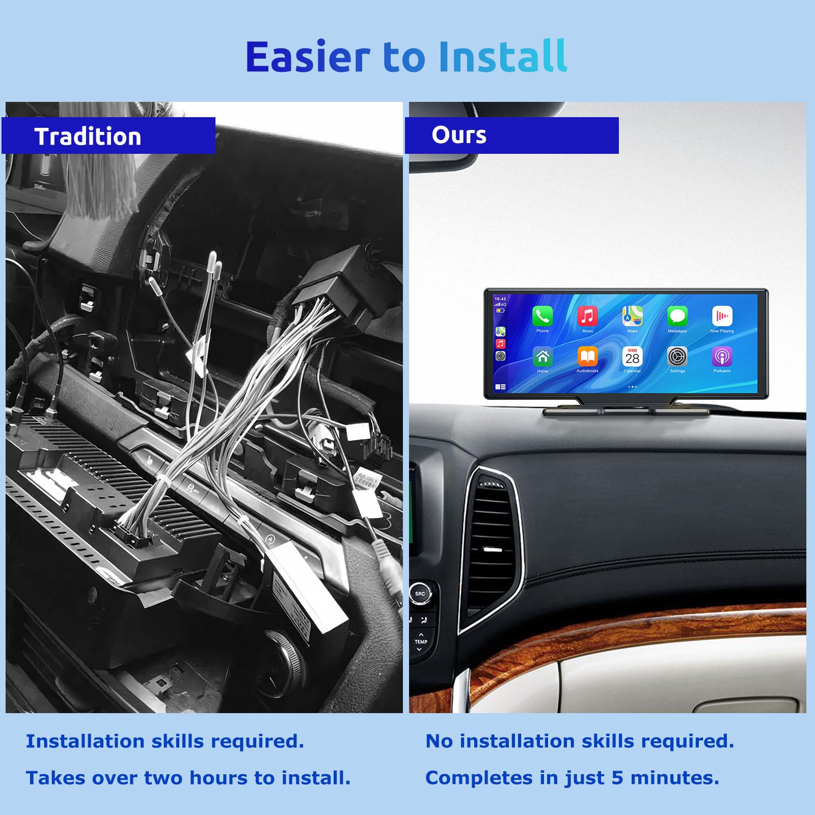 10.26 Inch Wireless CarPlay & Android Auto Touchscreen with 4K Dash Cam & 1080P Backup Camera - Bluetooth 5.0, FM, Siri, Google Assistant, Mirror Link, 64GB TF Card, AUX - Perfect for Tesla, BMW, Toyota & More | Upgrade Your Driving Experience with Smart Navigation & HD Recording