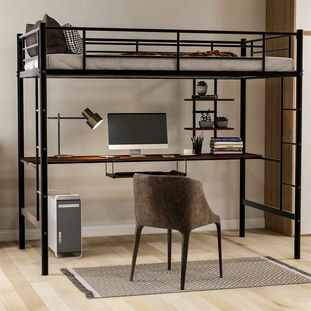 Twin Size Loft Bed Frame with MDF Desk & Storage Shelves - Metal Bedroom Furniture with Guardrails & Ladder - Space-Saving Workstation for Small Apartments, Dorms, Kids Rooms & Home Offices