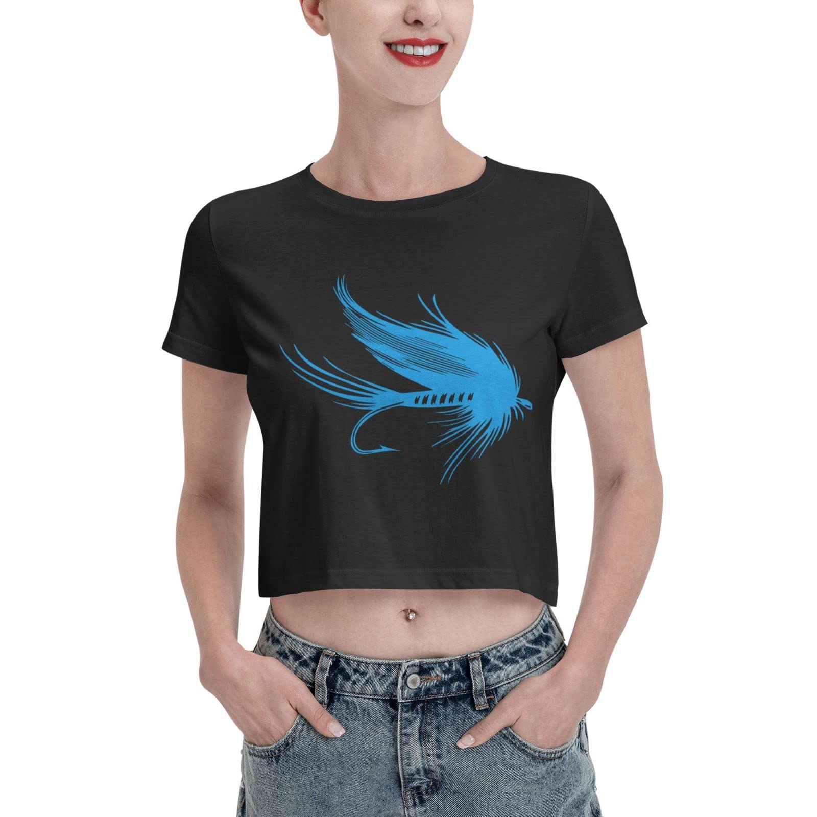 Fly Fishing Lure Women's Crop T-Shirts - Soft Short Sleeve Tee for Girls | Perfect for Summer Outfits, Beach Vacations & Casual Wear