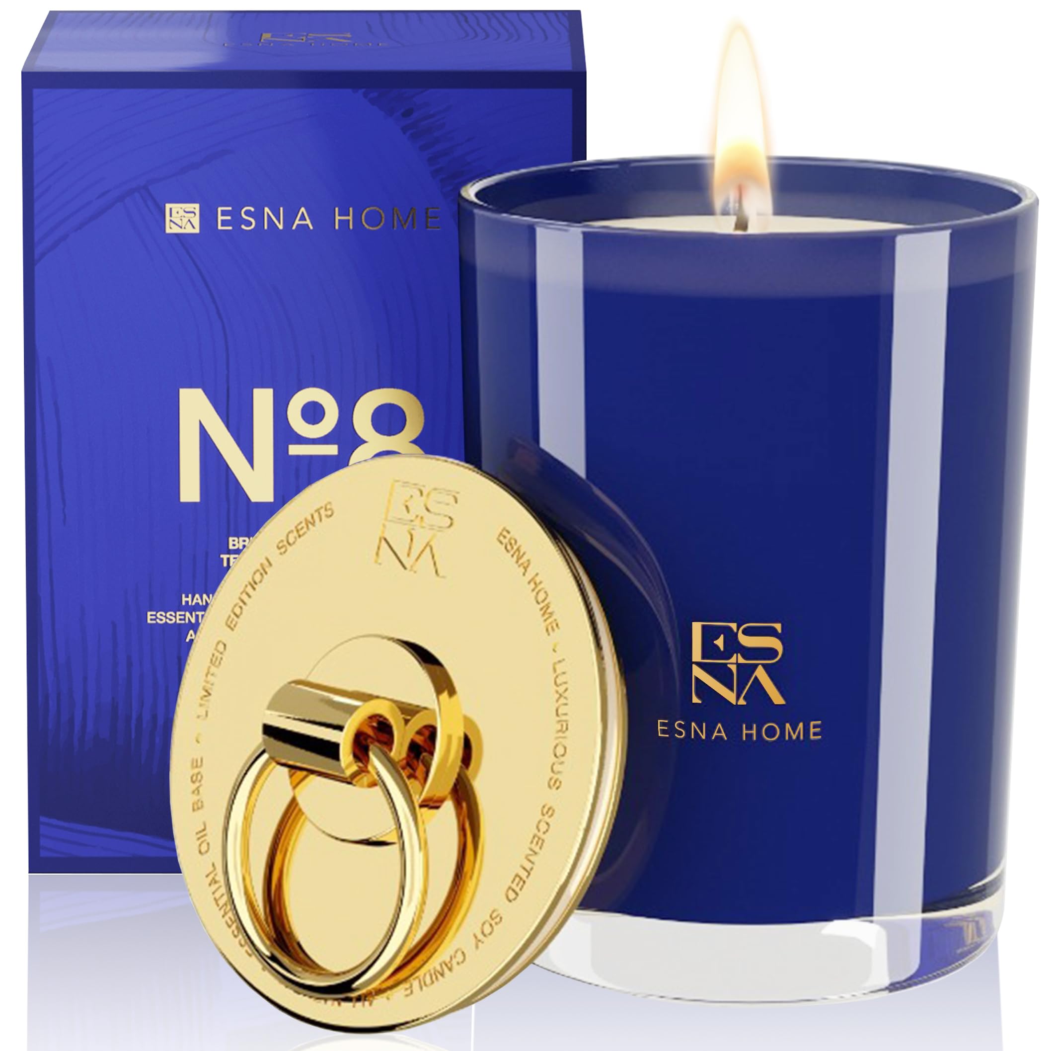 ESNA HOME Luxury Teakwood & Lavender Scented Soy Candle - 8.8oz Long Lasting 50 Hours, Stress Relief Aromatherapy Gifts for Home, Office, Spa, Yoga & Meditation - Perfect Present for Friends & Family