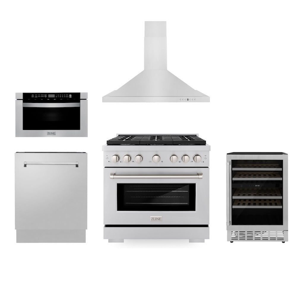 ZLINE 36 Inch Professional Kitchen Package - Stainless Steel Gas Range, Range Hood, Microwave Drawer, Tall Tub Dishwasher & Wine Cooler (5KP SGRRH36 MWDWV RWV) | Perfect for Modern Home Chefs & Entertaining Guests