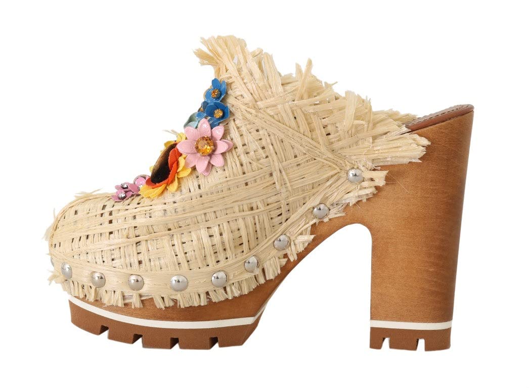 Dolce & Gabbana Women's Beige Raffia Mules with Floral Design - Comfortable Summer Slide Sandals for Beach, Poolside & Casual Outings