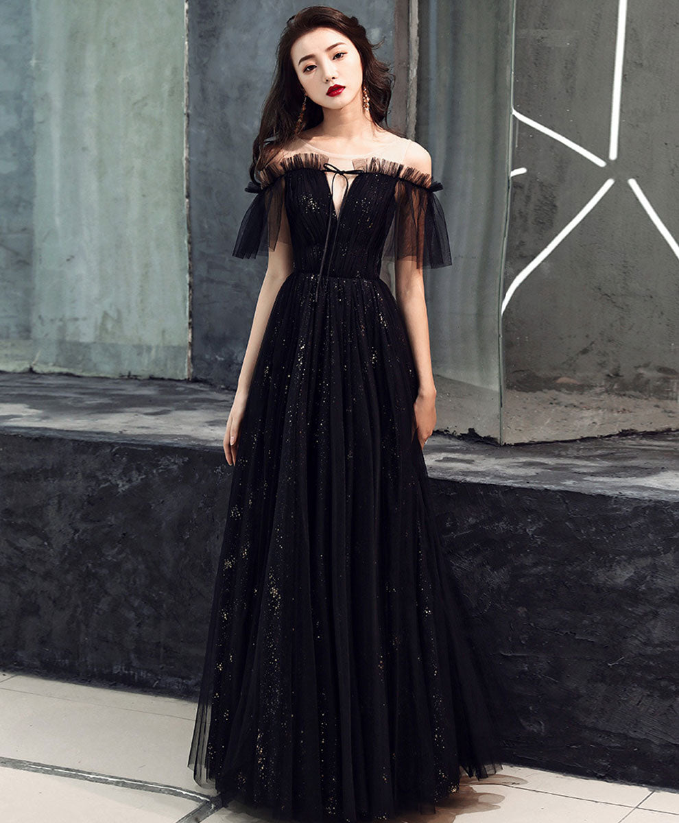Elegant Black Tulle Off-Shoulder Long Prom Dress for Women - Perfect for Formal Dances, Evening Galas & Special Occasions