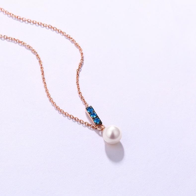 Dainty Pearl Pendant Necklace - Minimalist 9K/14K/18K Rose Gold Art Deco London Blue Topaz Pendant - Elegant Anniversary Gift for Mom - Perfect for Weddings, Parties & Special Occasions